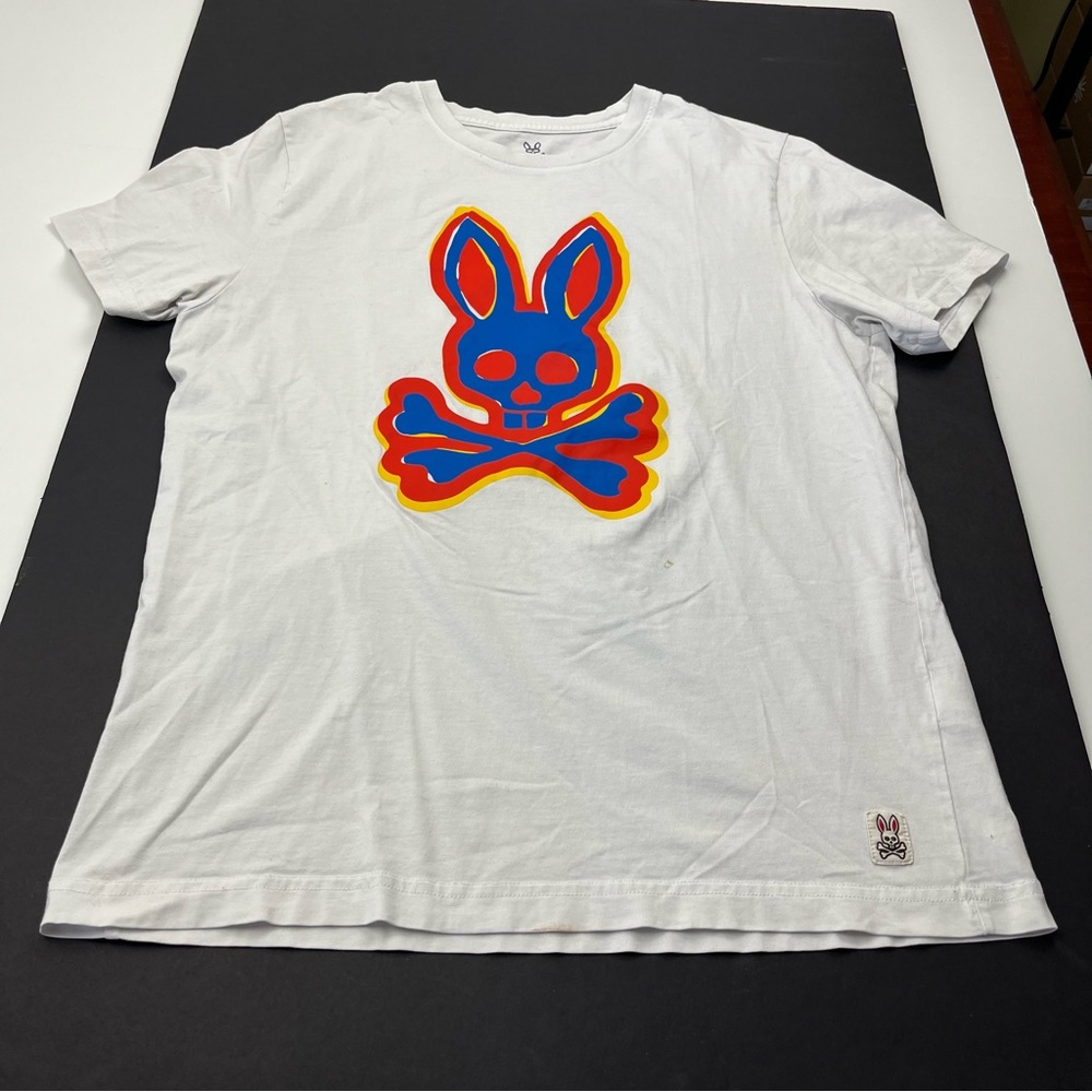 Psycho Bunny White Short Sleeve Shirt Colorful Skull Graphic Mens Medium *FLAWED